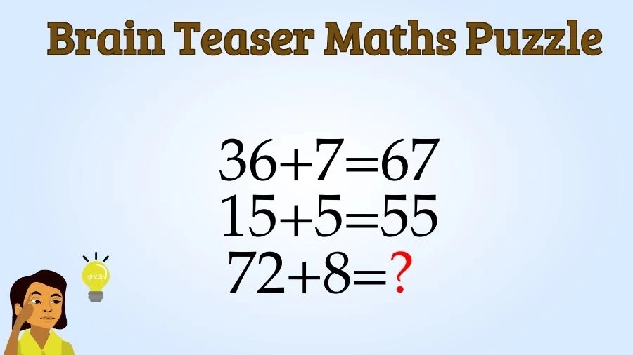 Brain Teaser: 36+7=67, 15+5=55, 72+8=? Maths Puzzle