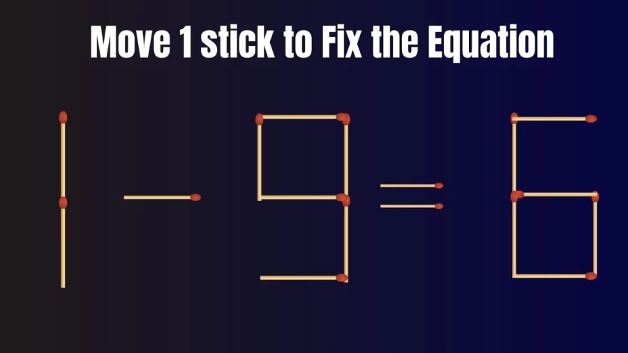 Matchstick Brain Teaser: 1-9=6 Fix The Equation By Moving 1 Stick