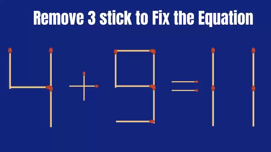 Matchstick Brain Teaser: 4+9=11 Remove 3 Matchsticks to Fix the Equation