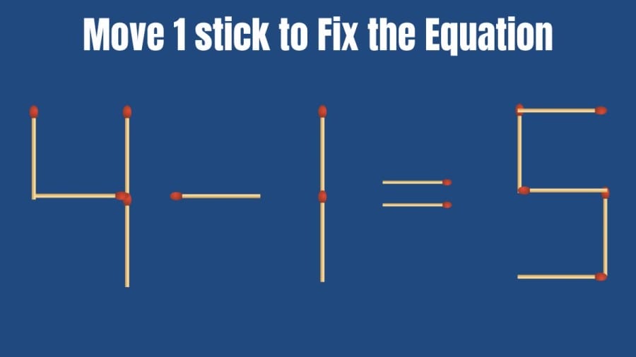 Brain Teaser: 4-1=5 Can you Move 1 Stick and Fix this Equation in 20 Secs? Matchstick Puzzles