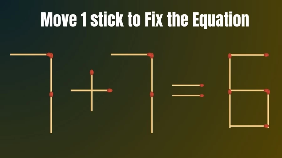 Matchstick Puzzle: How Can you Fix the Equation 7+7=6 by Moving 1 Stick? Brain Teaser