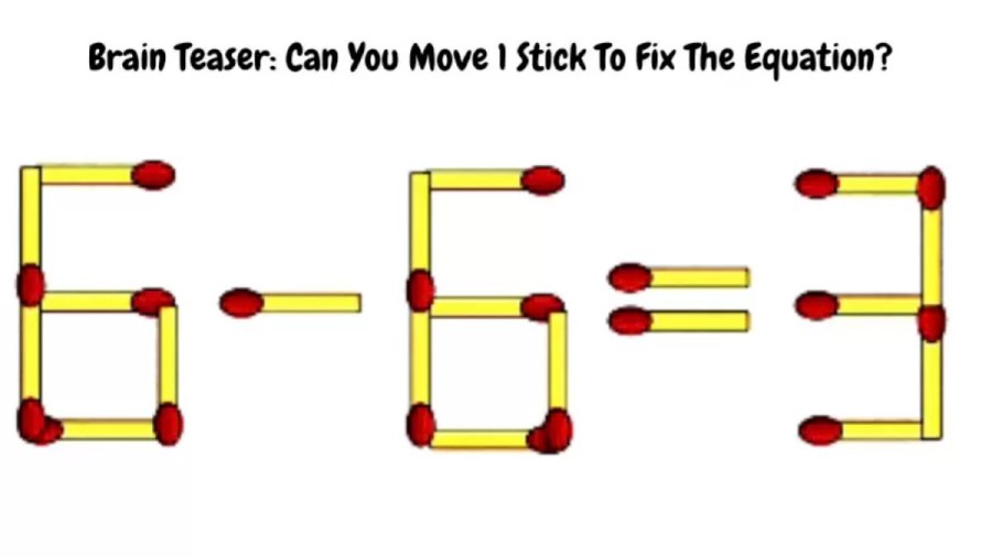 Brain Teaser: 6-6=3 Can You Move 1 Stick To Fix The Equation?