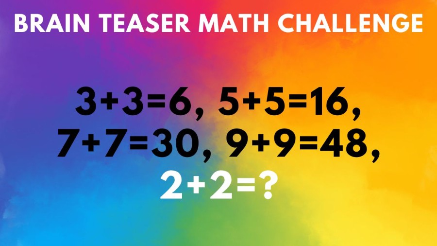 Brain Teaser Math Challenge: 3+3=6, 5+5=16, 7+7=30, 9+9=48, 2+2=?